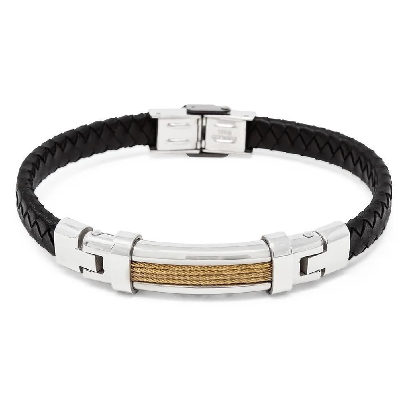 Women’s men’s style bracelet-Black Leather Gold Stainless Steel Cable Station Bracelet