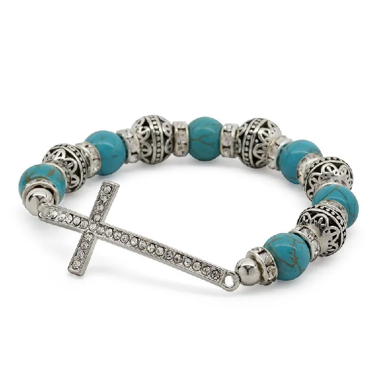 Women’s cuff bracelet-Stretch Bracelet Cross - Turquoise Silver