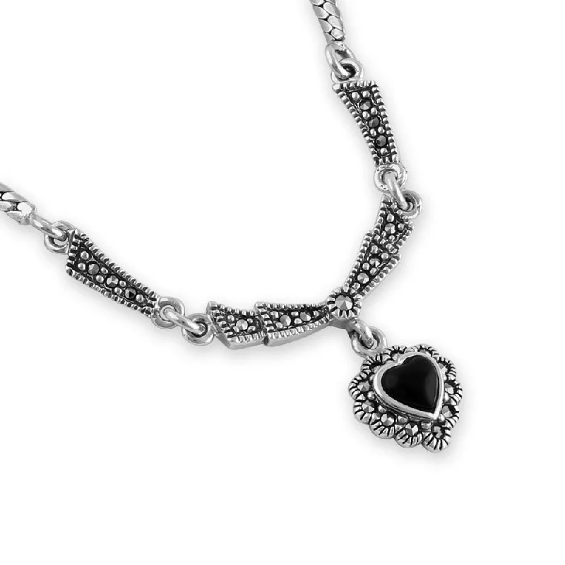 Women’s hand-crafted necklace-Sterling Silver Victorian Black Onyx Heart Halo Marcasite Necklace