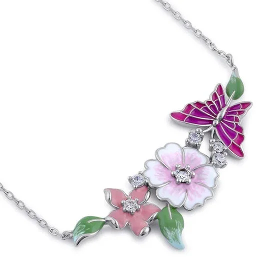 Women’s delicate necklace-Sterling Silver Clear CZ Enamel Floral Necklace