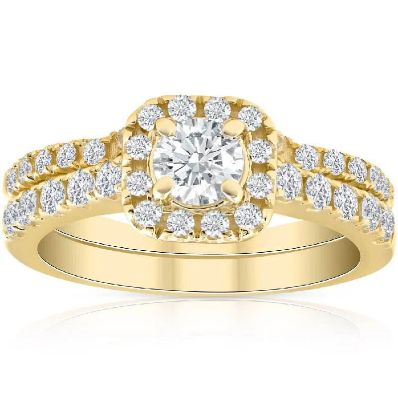 Women’s princess cut engagement ring-1 Ct Diamond Cushion Halo Engagement Wedding Ring Set 10k Yellow Gold