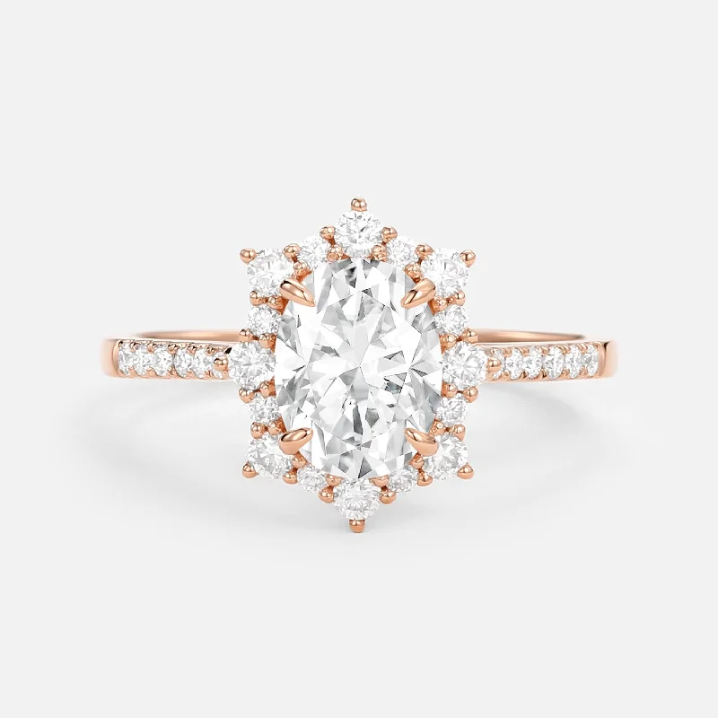 Women’s rose gold diamond rings-1.5ct Oval Moissanite Cluster Halo Ring