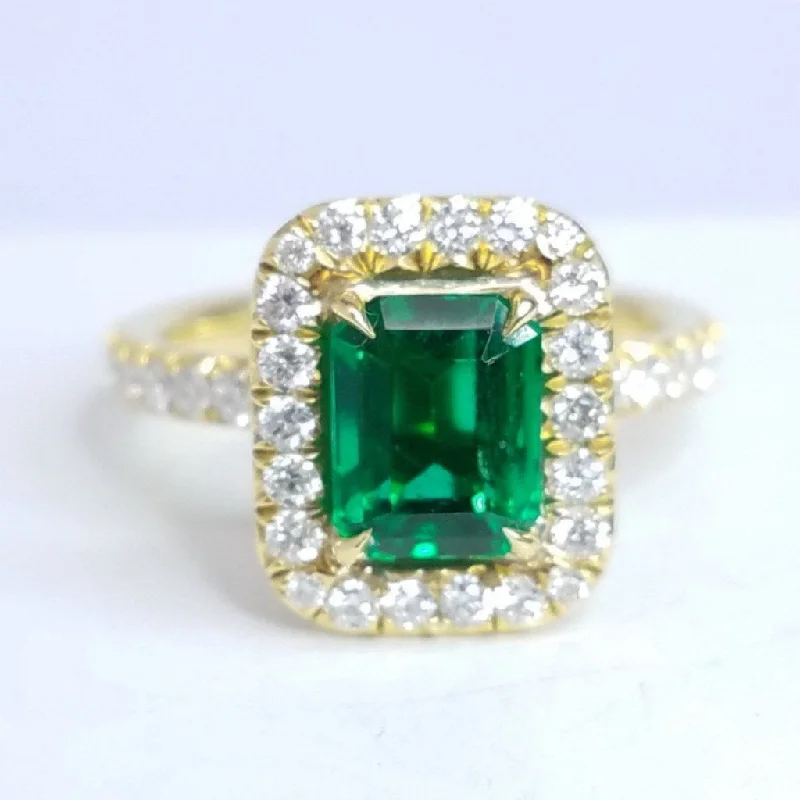 Women’s vintage-inspired engagement ring-2.73 Total Carat Emerald and Diamond Halo Ladies Engagement Ring GIA