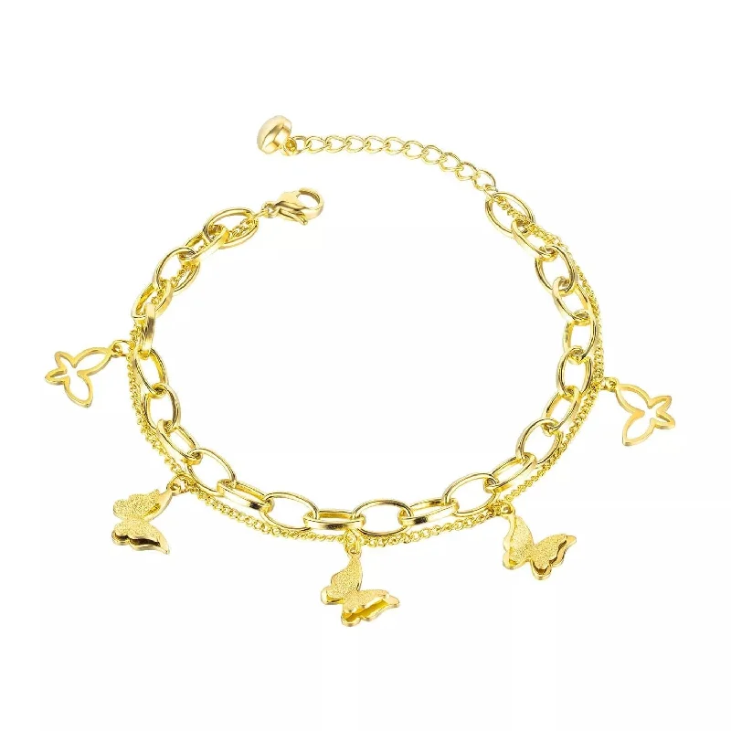 Women’s rope bracelet-Stainless St Double Bracelet Butterfly Charms Gold Plated 17+2mm