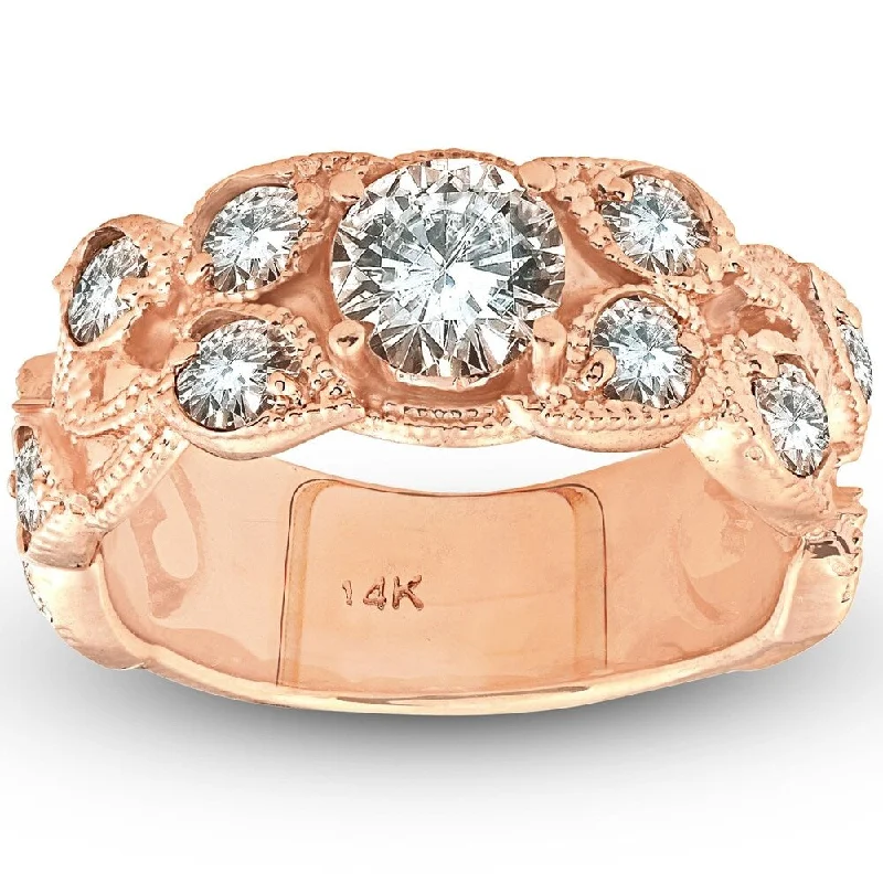 Women’s antique-style engagement ring-Pompeii3 14k Rose Gold 2ct TDW Vintage Diamond Engagement Floral Leaft Petal Band - White