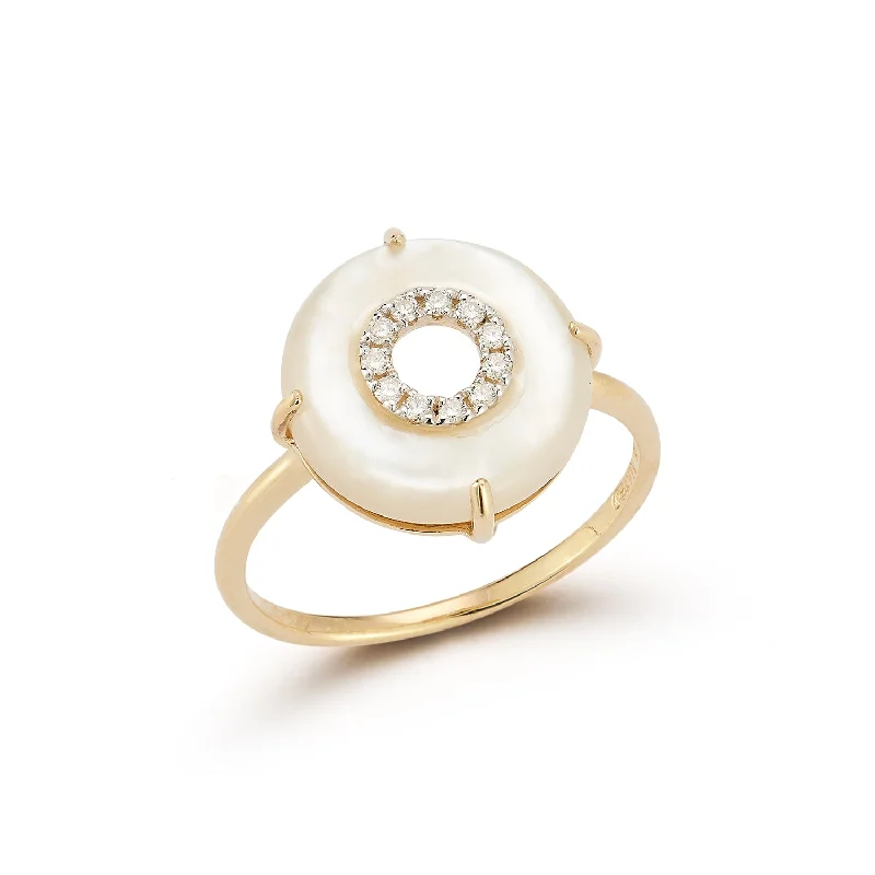 Women’s wide band rings-14kt Mother of Pearl and Diamond Donut Ring