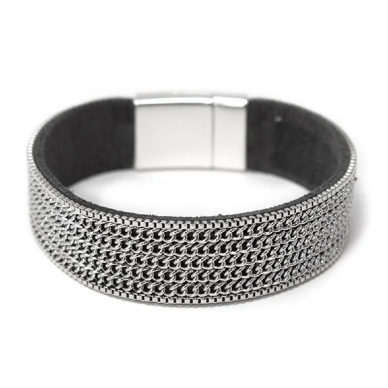 Women’s men’s style bracelet-Leather Bracelet With Silver Tone Chain