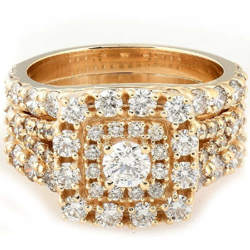 Women’s diamond engagement ring-Pompeii3 10k Yellow Gold 3 1/2 Ct Diamond Cushion Halo Engagement Wedding Trio Ring Set