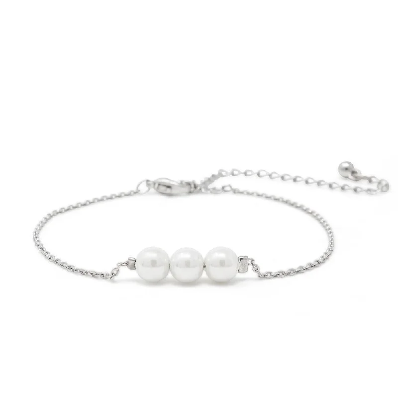 Women’s boho bracelet-Bracelet Three Pearl Station Silver Tone