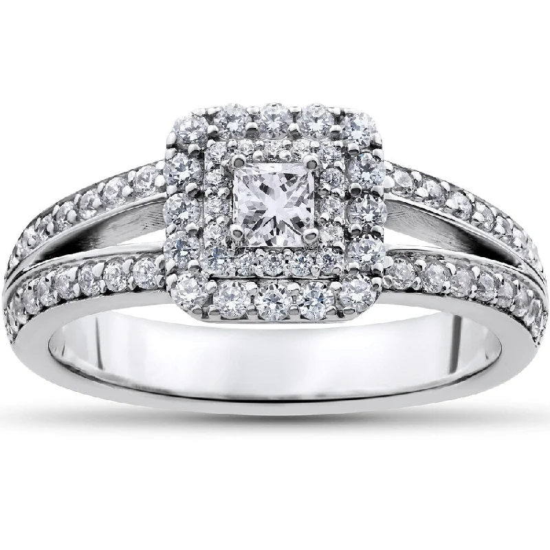 Women’s custom engagement ring with side stones-14k White Gold 1ct TDW Princess-cut Diamond Double Halo Engagement Ring