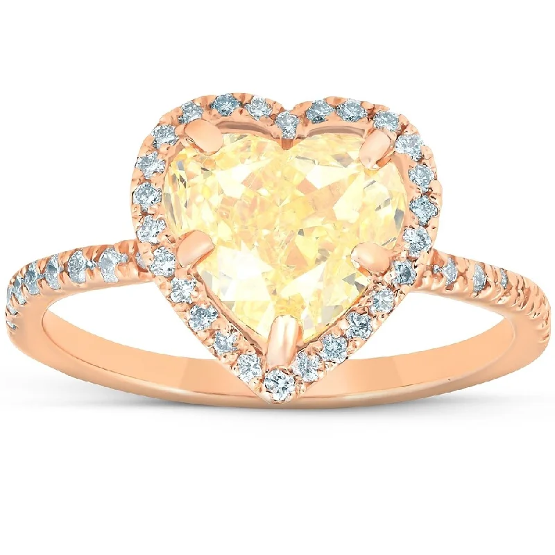 Women’s romantic diamond engagement ring-2 1/2 Ct Fancy Yellow Heart Diamond GIA Certified Engagement Ring 14k Rose Gold