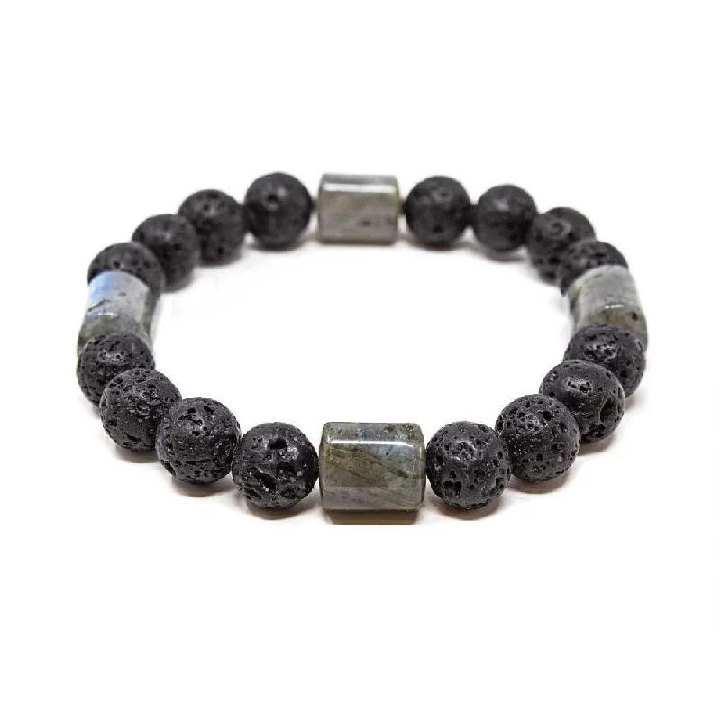 Women’s handmade gold bracelet-Black Lava and Serpentine Beads Men's Stretch Bracelet