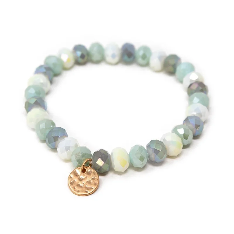 Women’s spiritual bracelet-Green Glass Bead Bracelet with Disc Charm Gold Tone