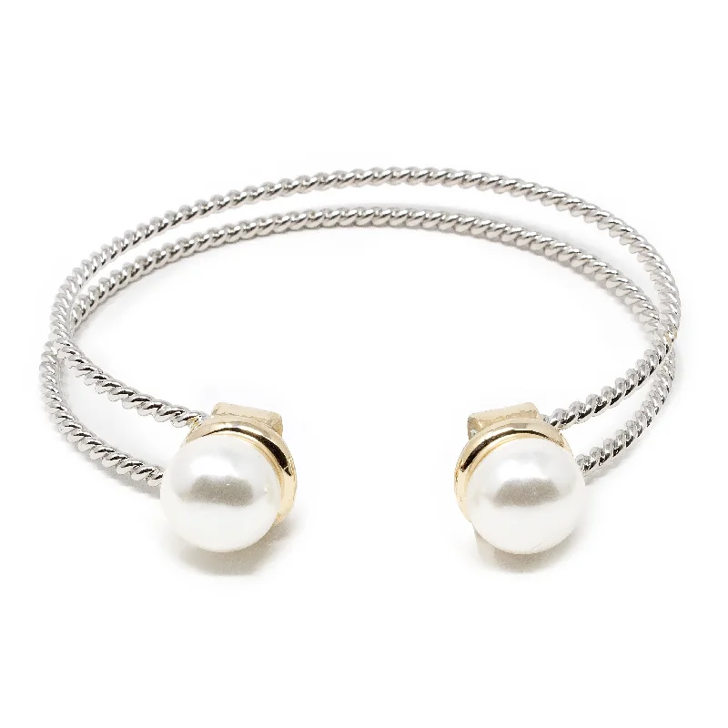 Women’s chain bracelet-Two Tone Cable Bangle Bracelet Pearl Ends