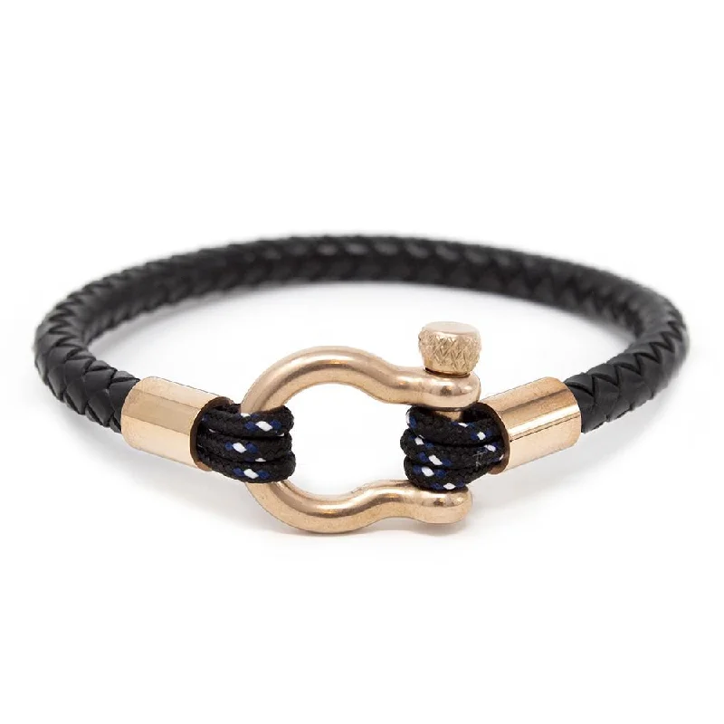 Women’s crystal bangle bracelet-Men's Braided Leather Bracelet with Rose Gold T Shackle Black Medium