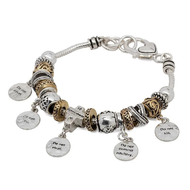 Women’s pearl bracelet-Charm Bracelet Inspirational Ten Commandment Two Tone