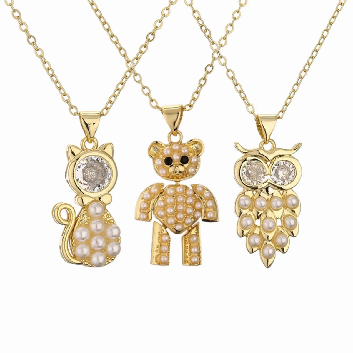 Women’s heart pendant necklace-1 Piece Fashion Little Bear Cat Owl Copper Plating Inlay Artificial Pearls Zircon Pendant Necklace