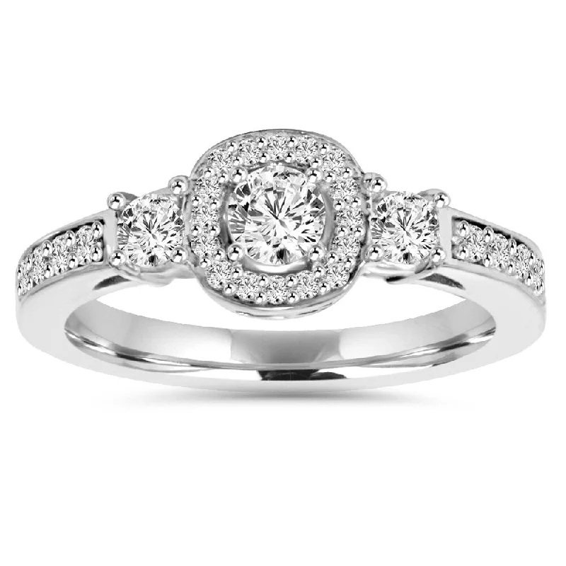 Women’s ethically sourced engagement ring-14k White Gold 1 1/4 ct TDW Diamond Halo 3-stone Engagement Ring