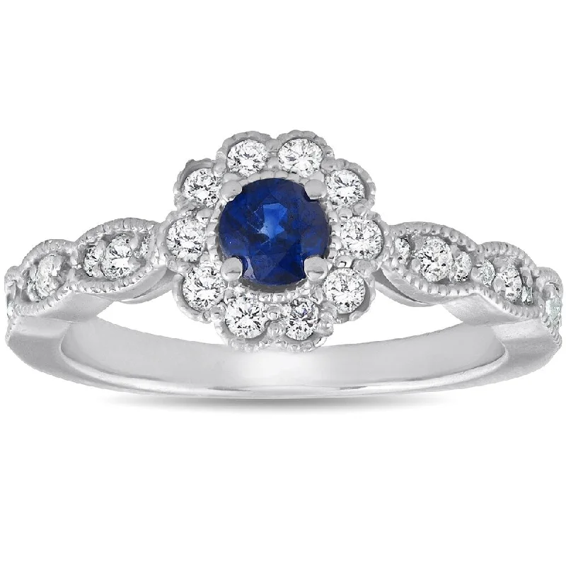 Women’s luxury solitaire engagement ring-Pompeii3 14k White Gold 5/8 Ct TW Genuine Blue Sapphire & Diamond Halo Engagement Anniversary Ring