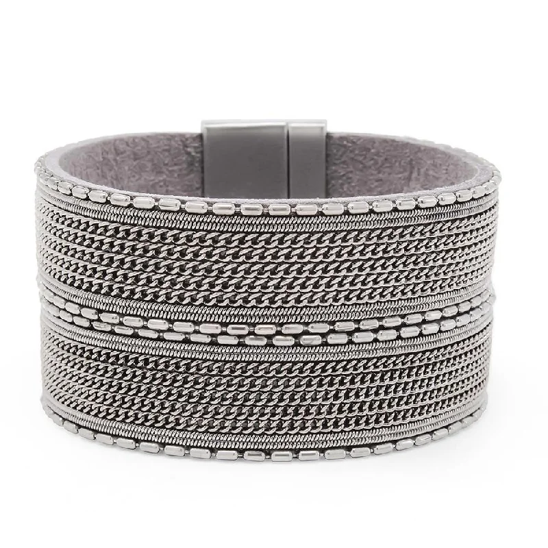 Women’s beaded bracelet-Wide Leather Bracelet with Bar Chain Grey