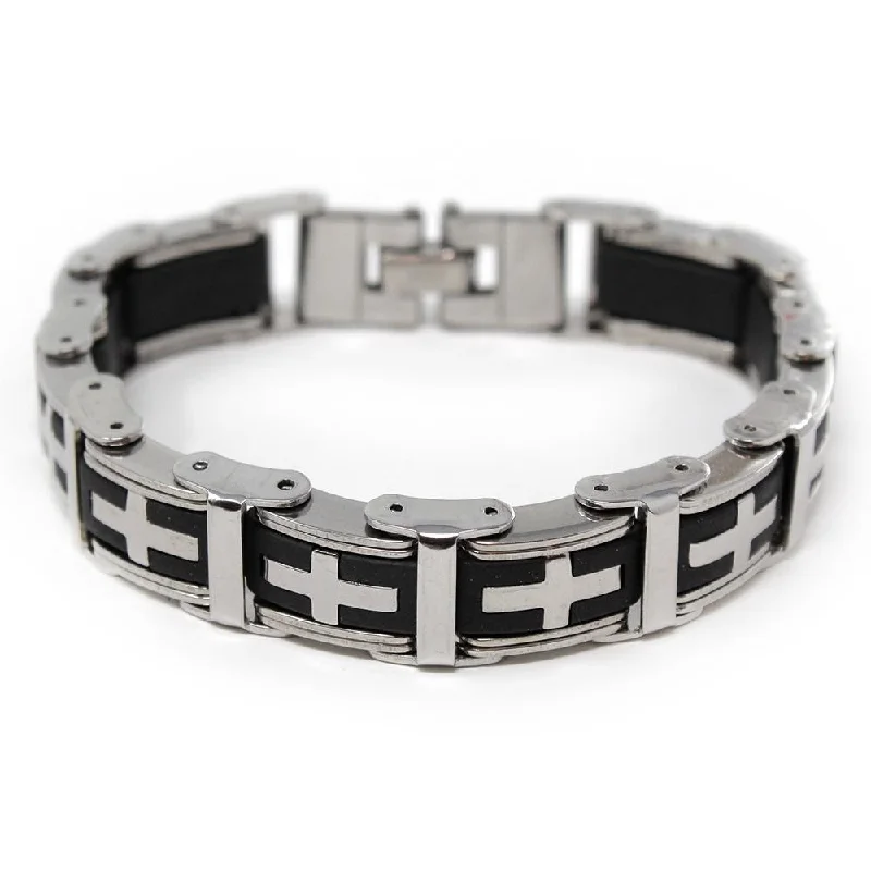 Women’s cuff bracelet-Men's Stainless Steel Cross in Rubber Wide Link Bracelet