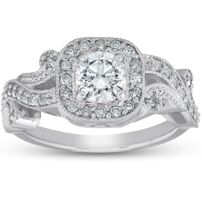 Women’s vintage-inspired diamond engagement ring-Pompeii3 14k White Gold 1 Ct TDW Diamond Cushion Halo Vintage Vine Petal Engagement Ring