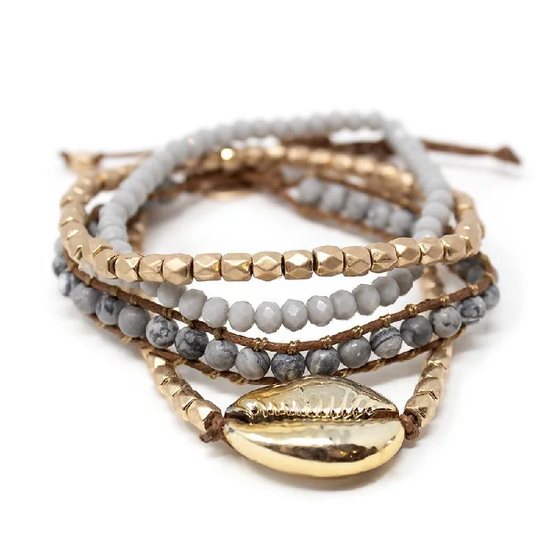 Women’s birthstone bracelet-Gold Tone Cowrie Shell Bead Stretch Bracelet Set of Four Gray