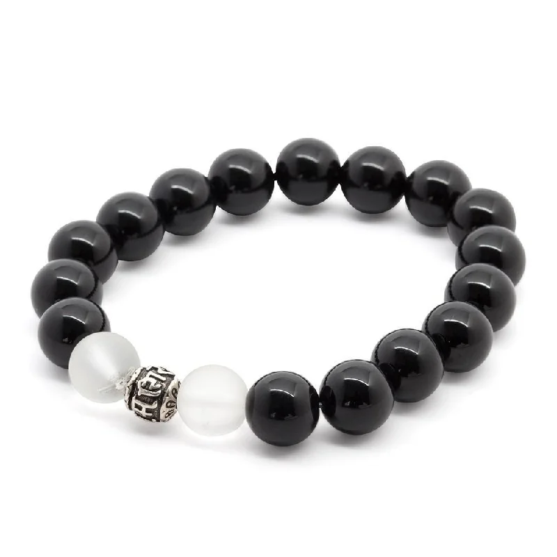 Women’s wedding bracelet-Onyx/Crystal Quartz Stretch Bracelet with 925 Sterling Silver Bead