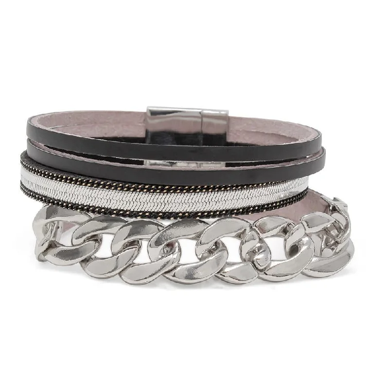 Women’s leather bracelet-Four Row Leather Bracelet with Curb Chain Station Black