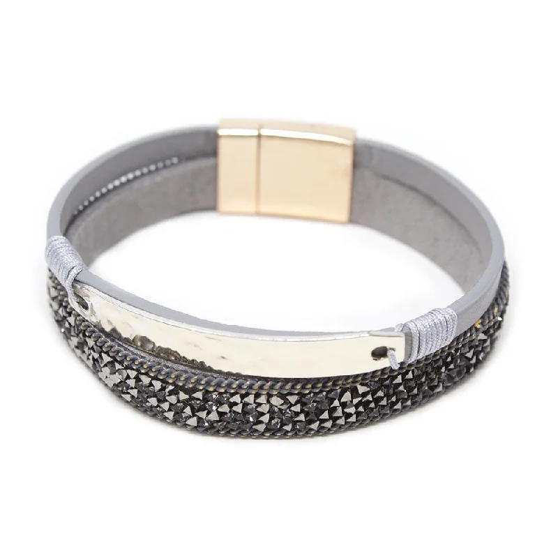 Women’s casual bracelet-Two Row Leather Bracelet W CZ and Hammered Accent Gy