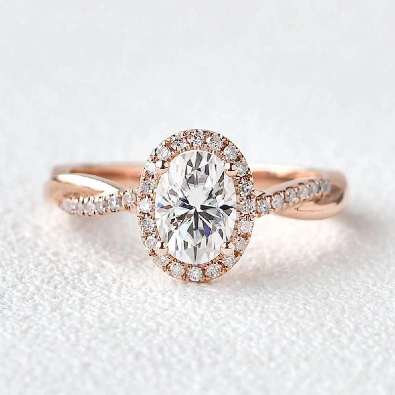 Women’s anniversary rings-1.5ct Oval Moissanite Twist Vintage Halo Ring