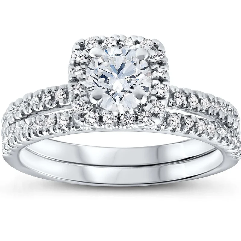 Women’s designer solitaire engagement ring-EX3 10k White Gold 5/8 Ct Cushion Halo Diamond Engagement Wedding Ring Set Lab Grown (G/VS)