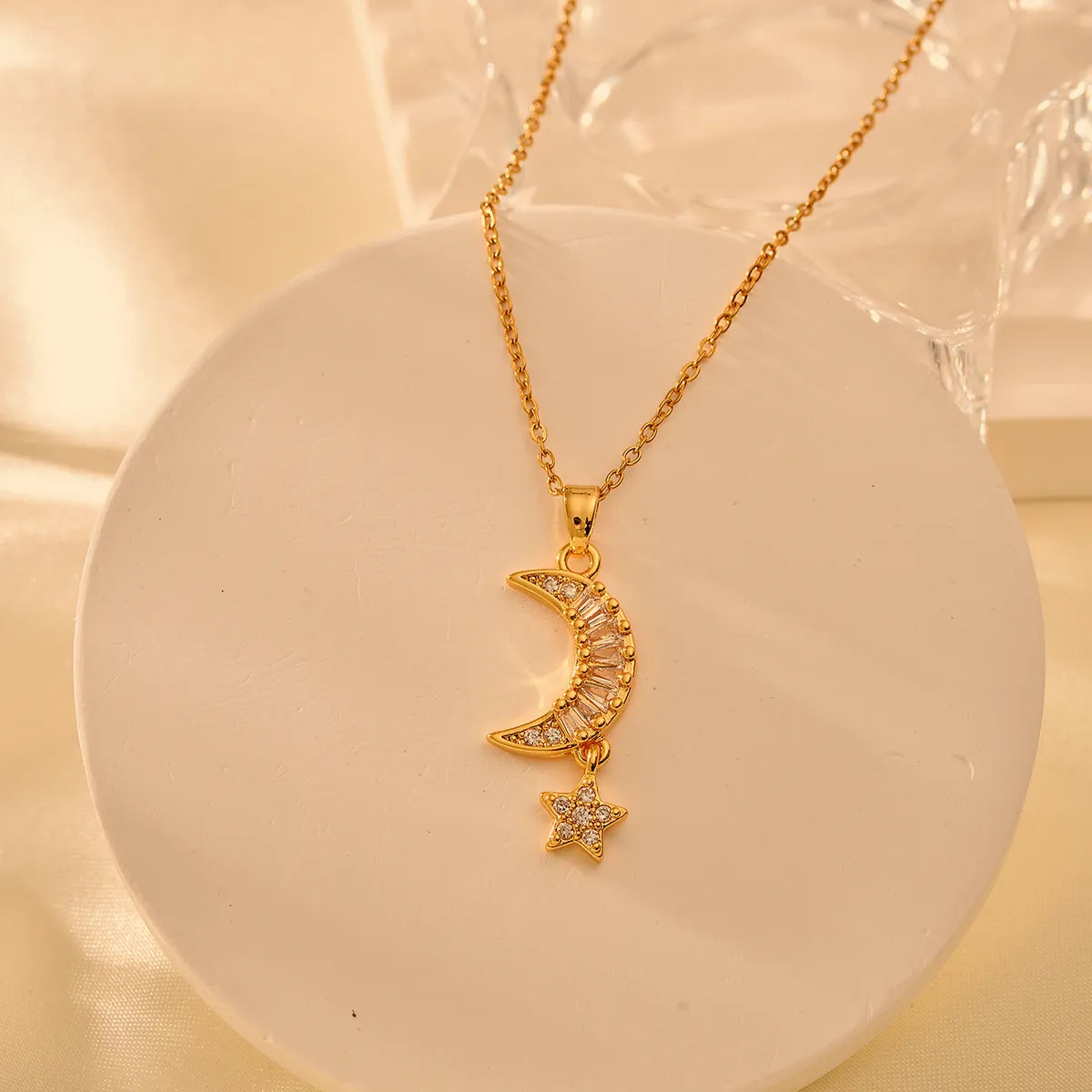 Women’s unique charm necklace-Titanium Steel IG Style Simple Style Shiny Star Moon Inlay Zircon Pendant Necklace