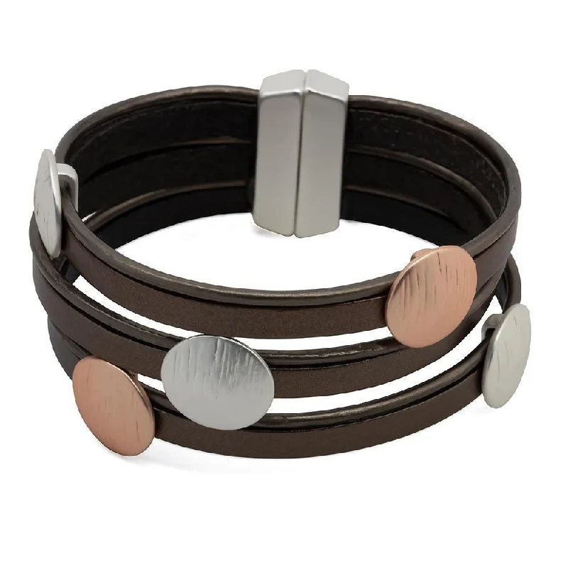 Women’s chain-link bracelet-Leather Multi Row Bracelet Matte Two Tone Discs Brown Rose