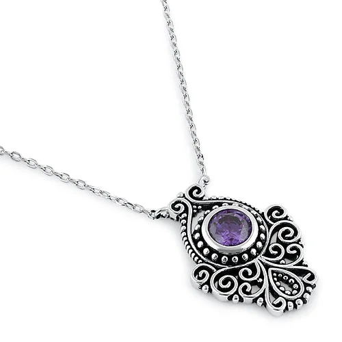 Women’s heart pendant necklace-Sterling Silver Vintage Amethyst CZ Necklace