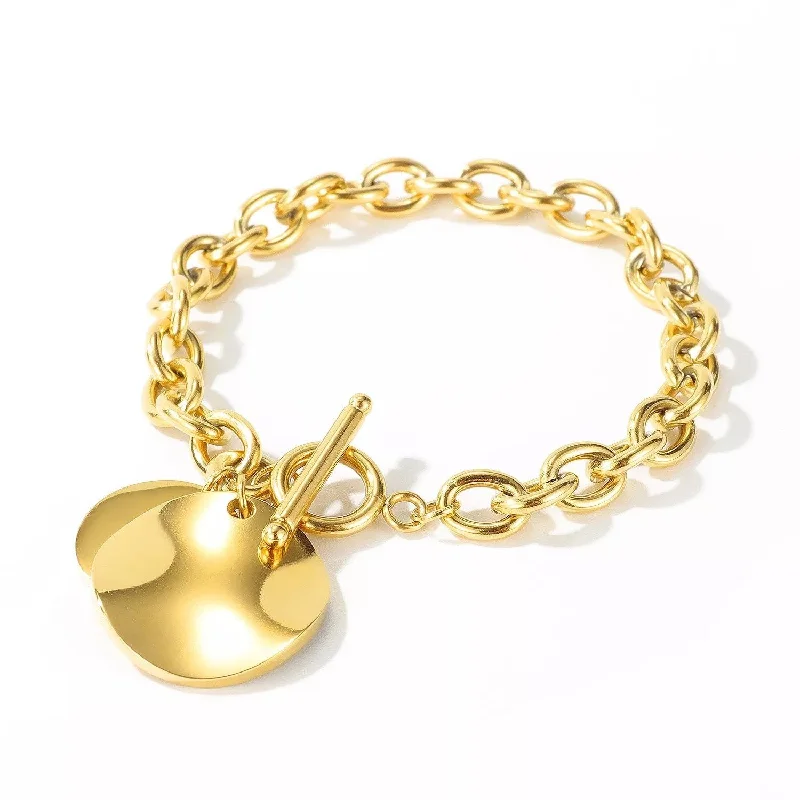 Women’s fashion bangle bracelet-Stainless Steel Disc Charm Toggle Clasp Chain Bracelet Gold Plated