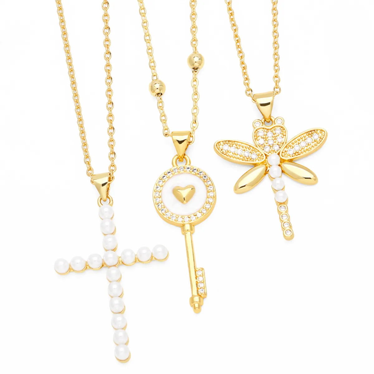 Women’s trendy necklace-Simple Style Dragonfly Key Copper Zircon Necklace