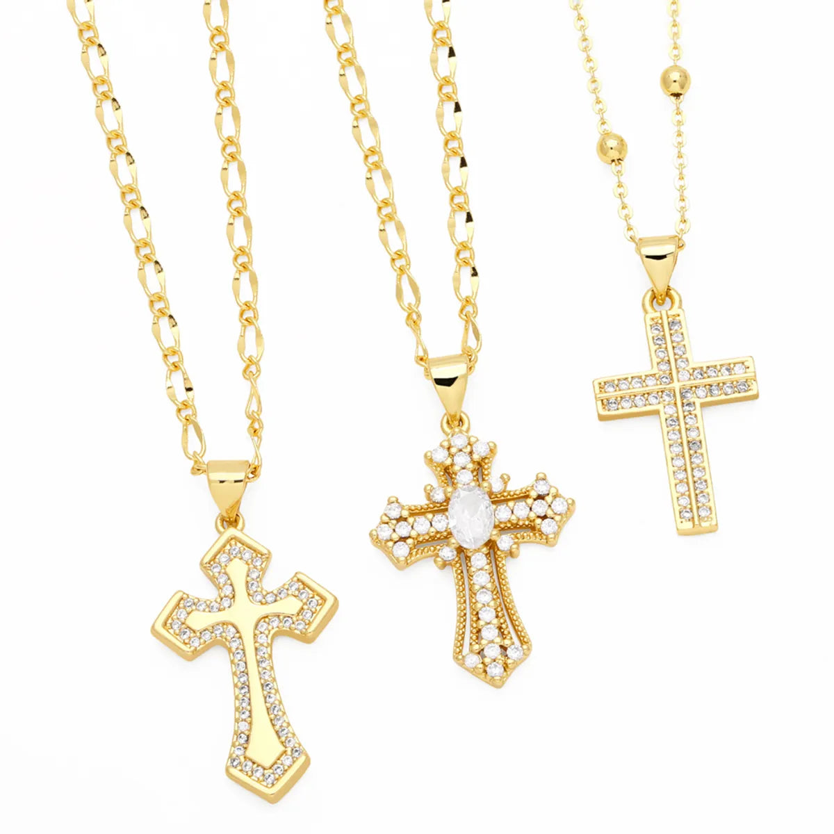 Women’s retro necklace-Ig Style Simple Style Cross Copper Plating Inlay Zircon 18k Gold Plated Pendant Necklace