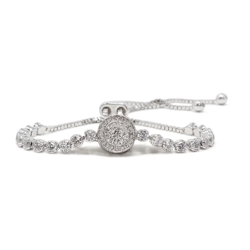 Women’s trendy layered bracelet-Rhodium Plated Slide Tennis Bracelet Round Pave CZ Station